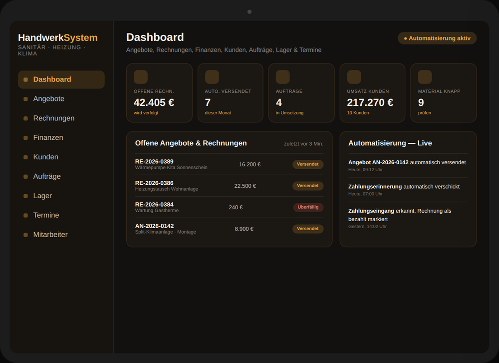 Tablet-Ansicht eines echten Onyx-Systems: HandwerkSystem-Dashboard für Sanitär, Heizung und Klima
